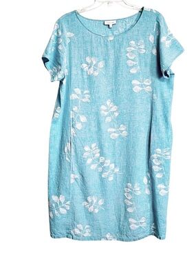 Habitat Linen Blend Shift Dress L Blue Leaf Print Coastal Grandma Resortwear